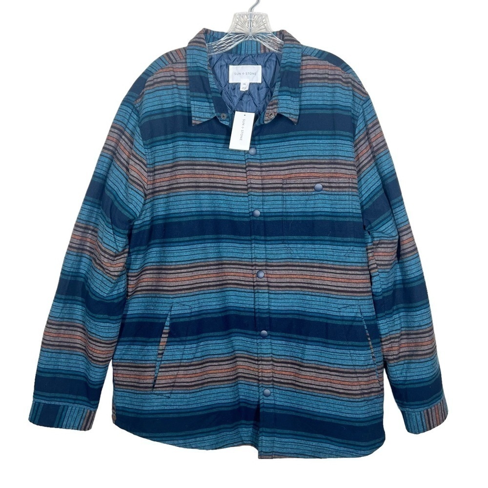 Sun & Stone Mens Blue Multicolor Stripe Lined Shacket Snap Front Size XXL NWT